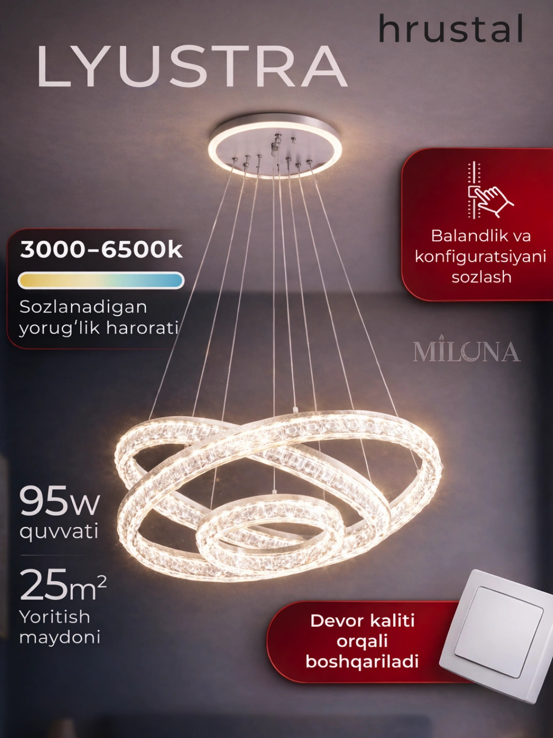 Lustra shift uchun LED kristal, osma led qandil 3 halqa zal va yotoqxona uchun