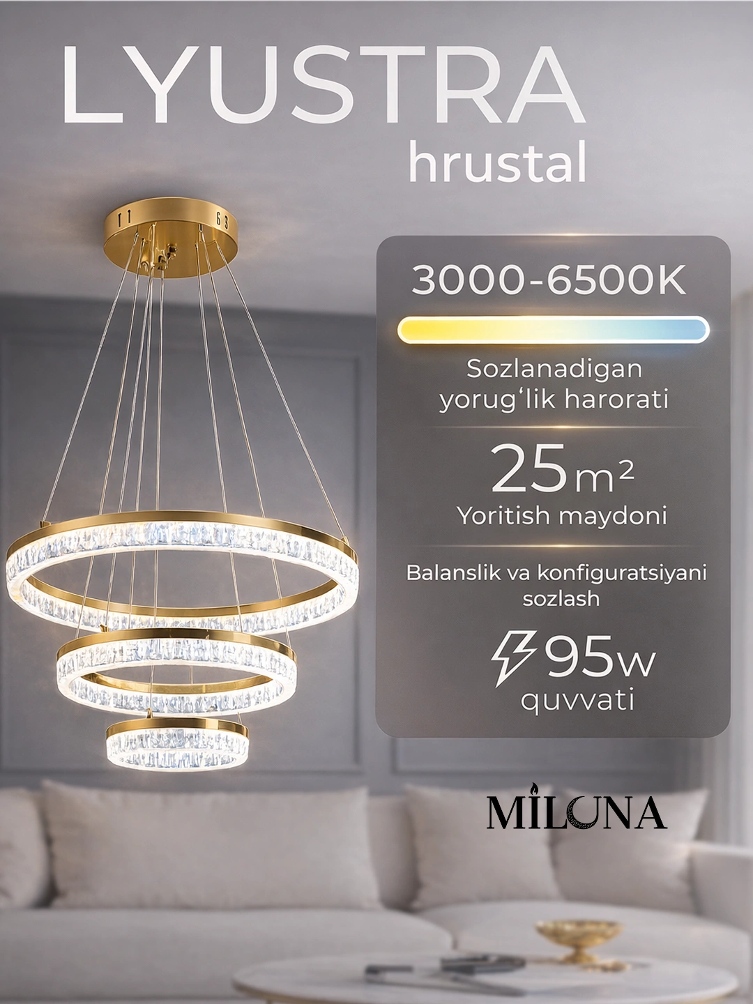 Lustra shift uchun LED kristal, osma led qandil 3 halqa zal va yotoqxona uchun