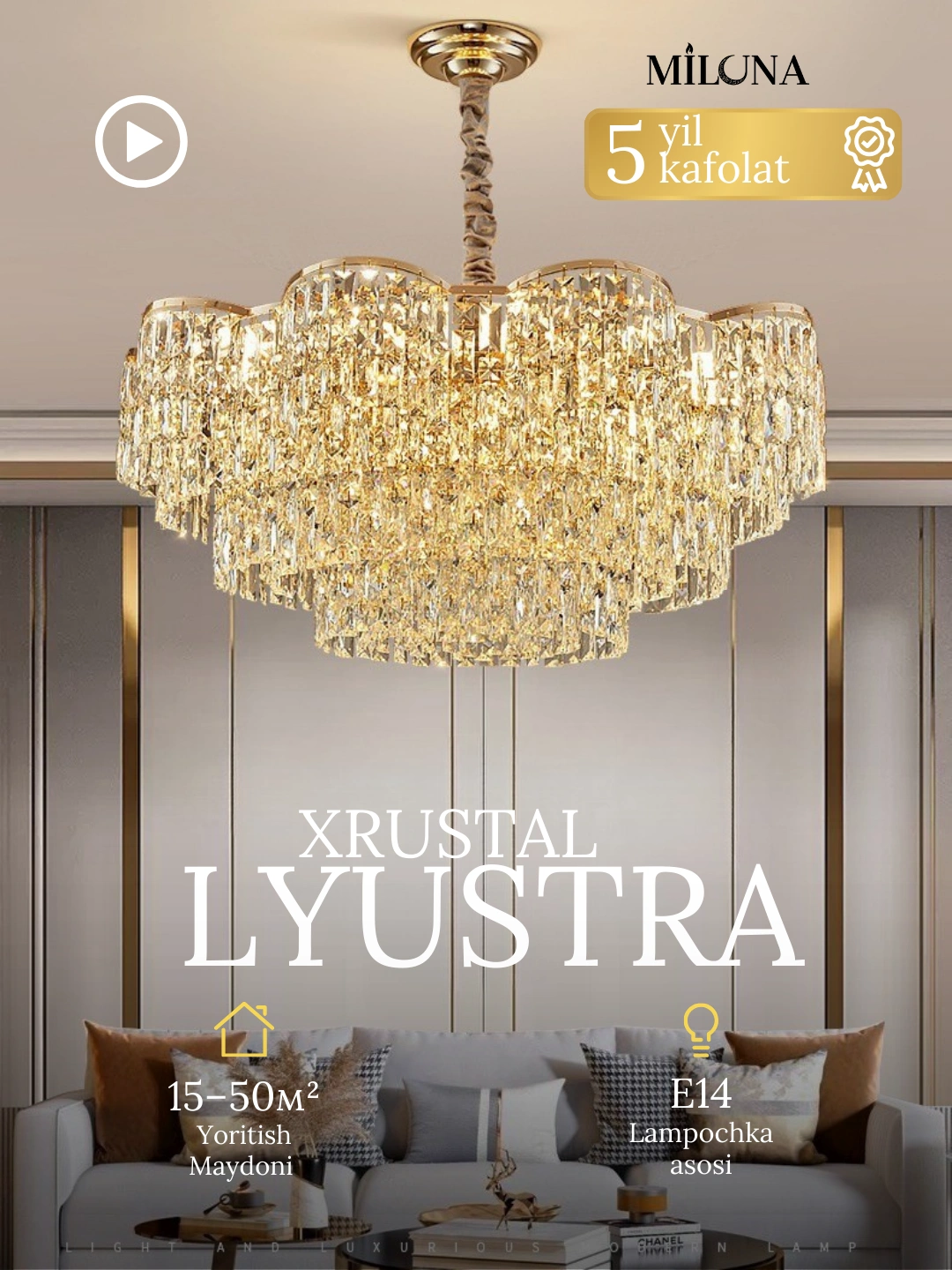 Osma qandil,kristall,balandligi sozlanadigan,2 xil shaklda:dumaloq va oval, asos turi E14