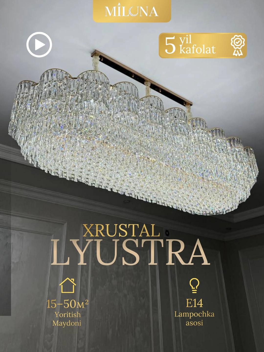 Osma qandil,kristall,balandligi sozlanadigan,2 xil shaklda:dumaloq va oval, asos turi E14