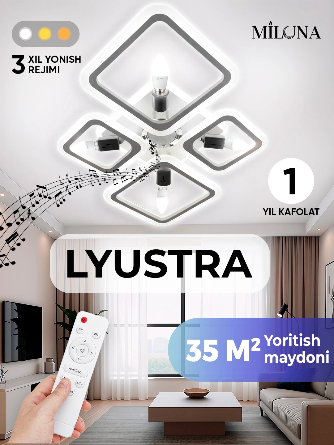 Lyustra LED musiqali, 3 xil yorug'lik rejimli, pultli, uy va ofis uchun chiroq