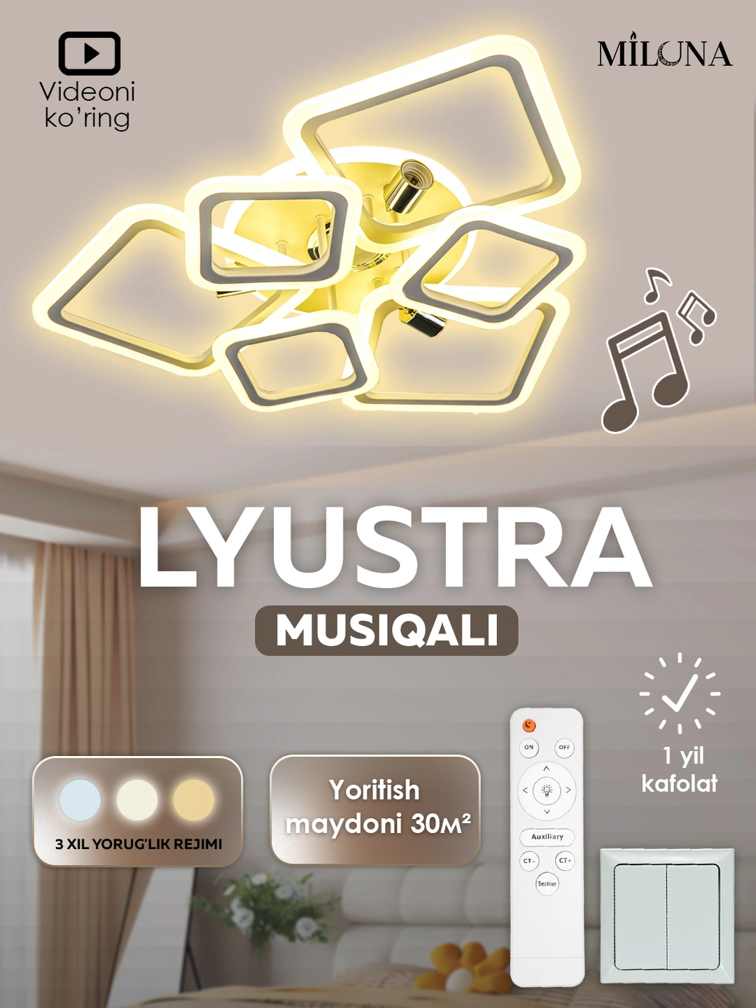 Lyustra LED musiqali, 3 xil yorug'lik rejimli, pultli, uy va ofis uchun chiroq