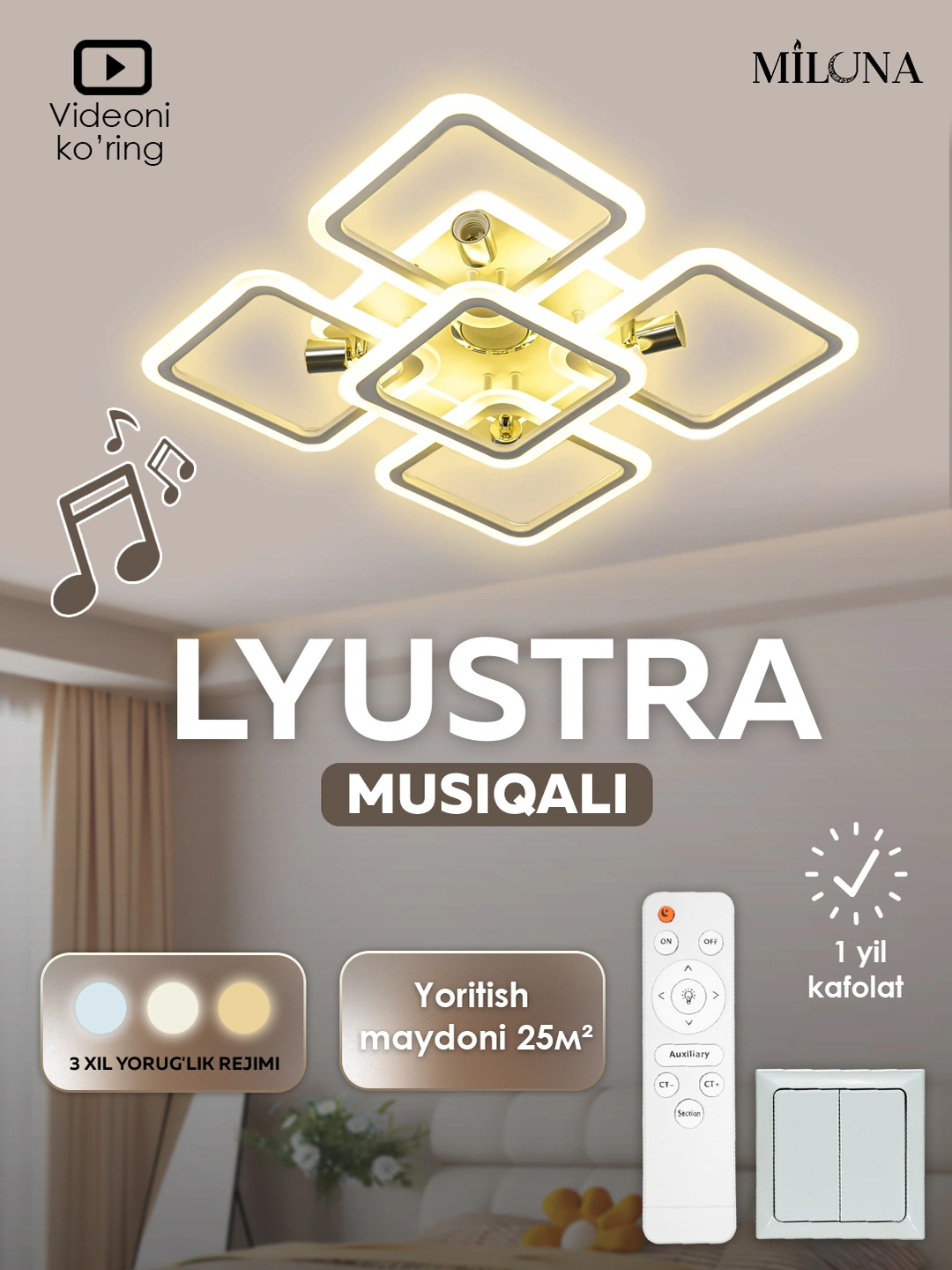Lyustra LED musiqali, 3 xil yorug'lik rejimli, pultli, uy va ofis uchun chiroq