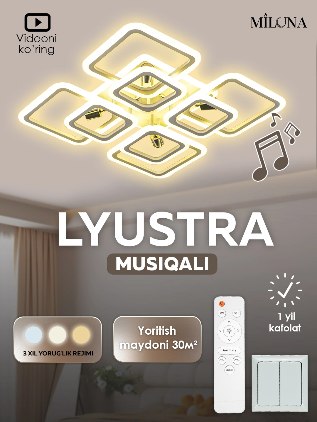 Lyustra LED musiqali, 3 xil yorug'lik rejimli, pultli, uy va ofis uchun chiroq