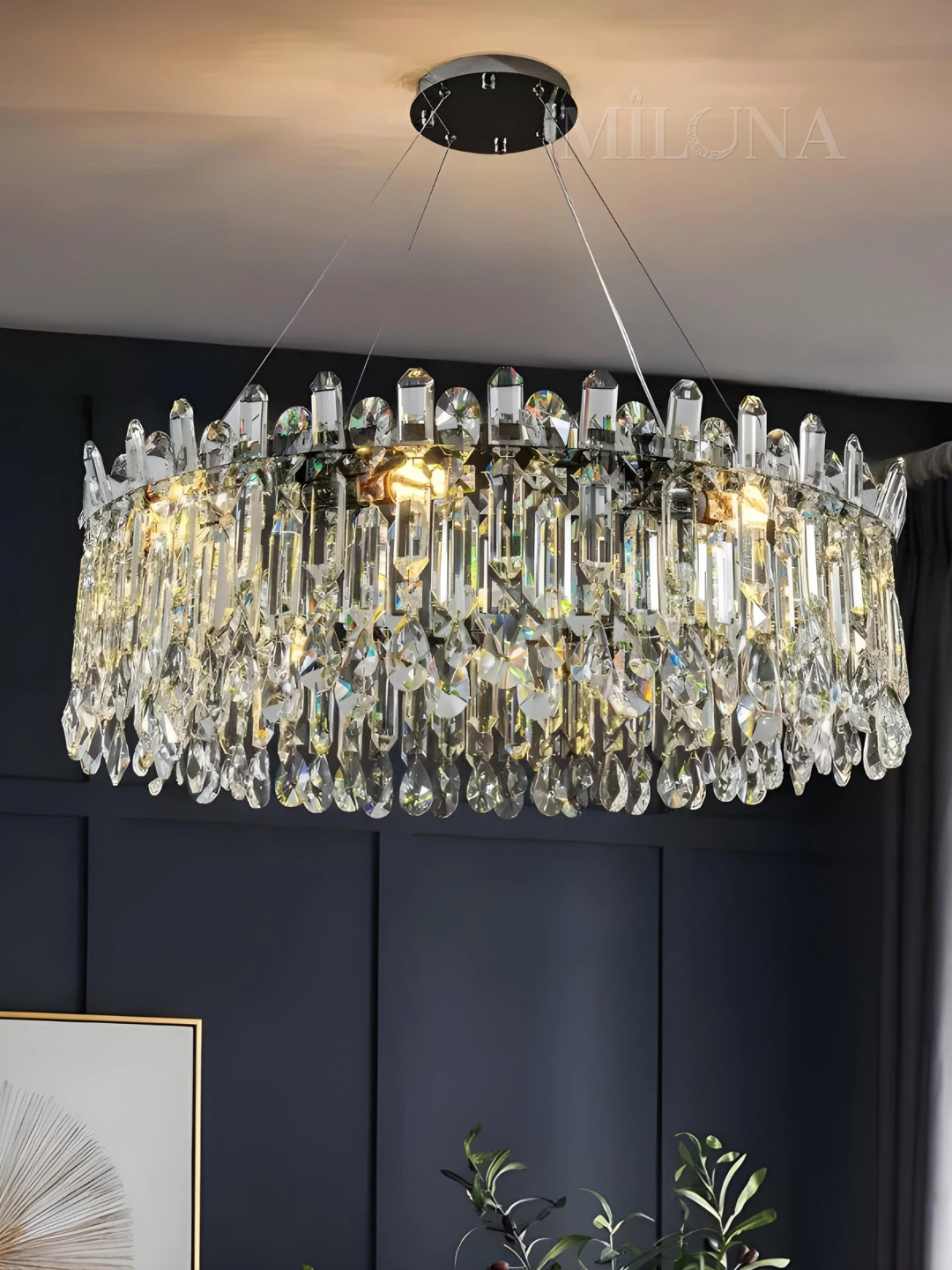 Lyustra, kristall K9 toshli, 3xil o'lchamli, balandlgi sozlanadigan, zal,ofis uchun qandil