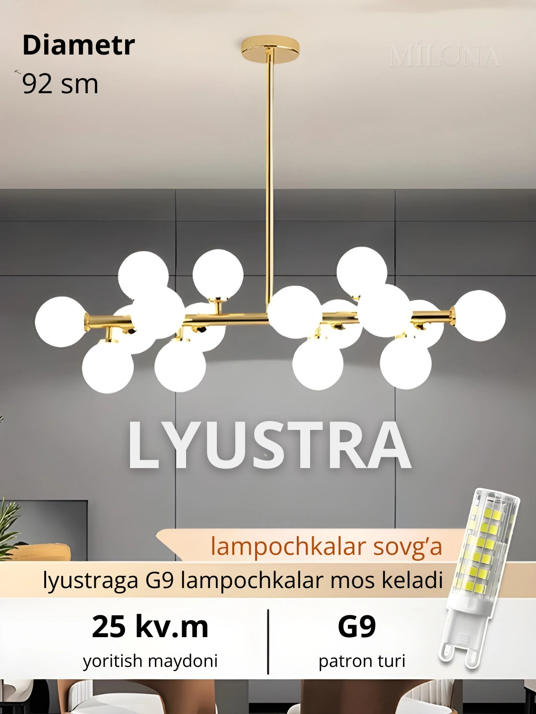 Lyustra, balandligi sozlanadigan, 10, 12, 16 ta plafonli qandil