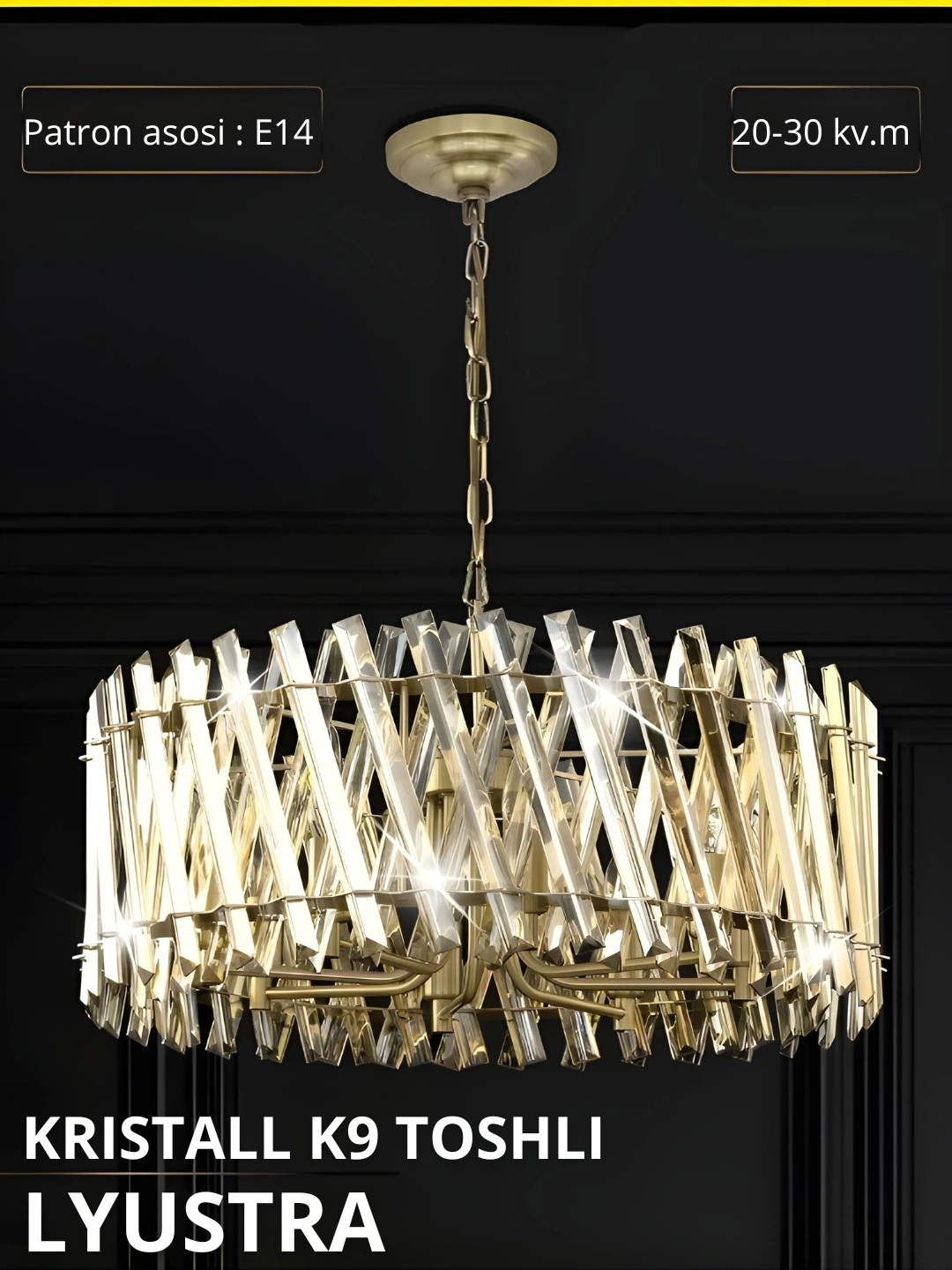 Lyustra, kristall K9 toshli, balandlgi sozlanadigan, 3xil o'lchamli, zal,ofis uchun qandil