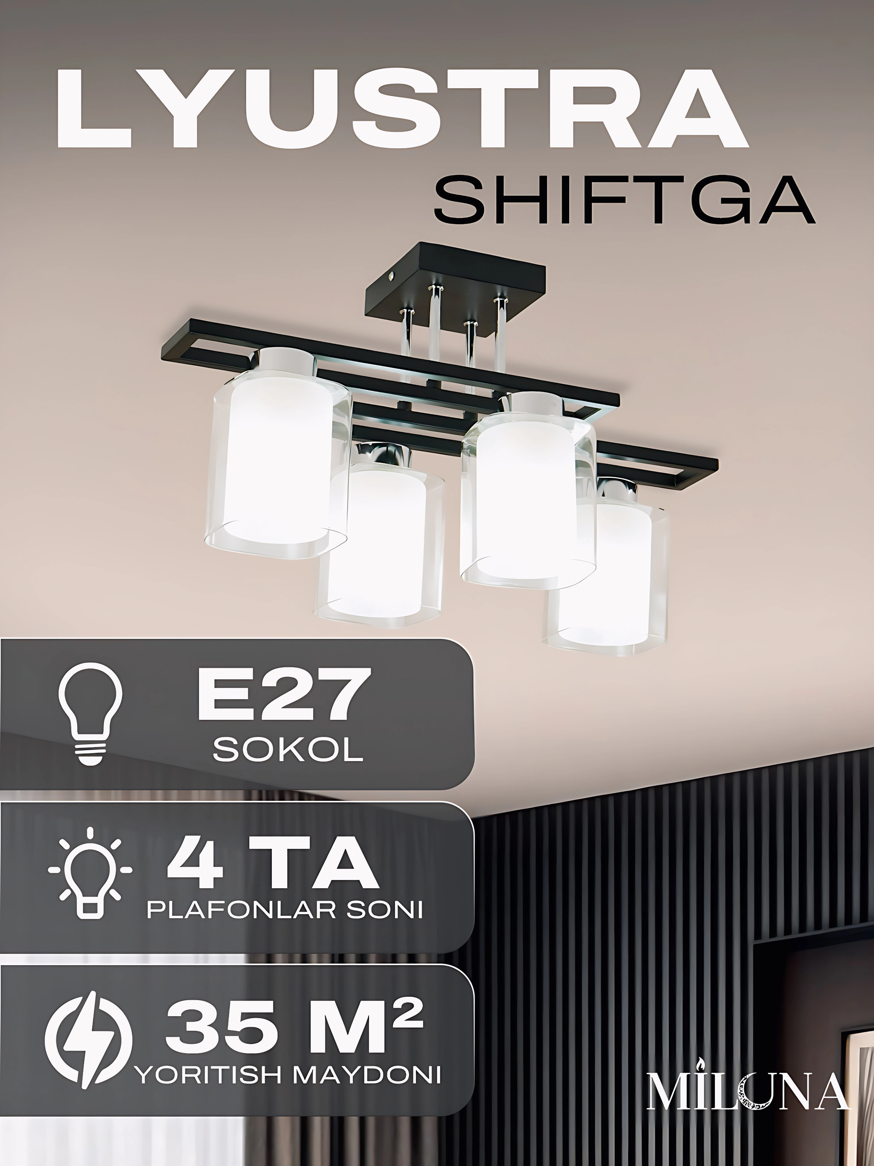 Lyustra shiftga, 3 xil o'lchamda, oshxona, yotoqxona, kalidorga, E27