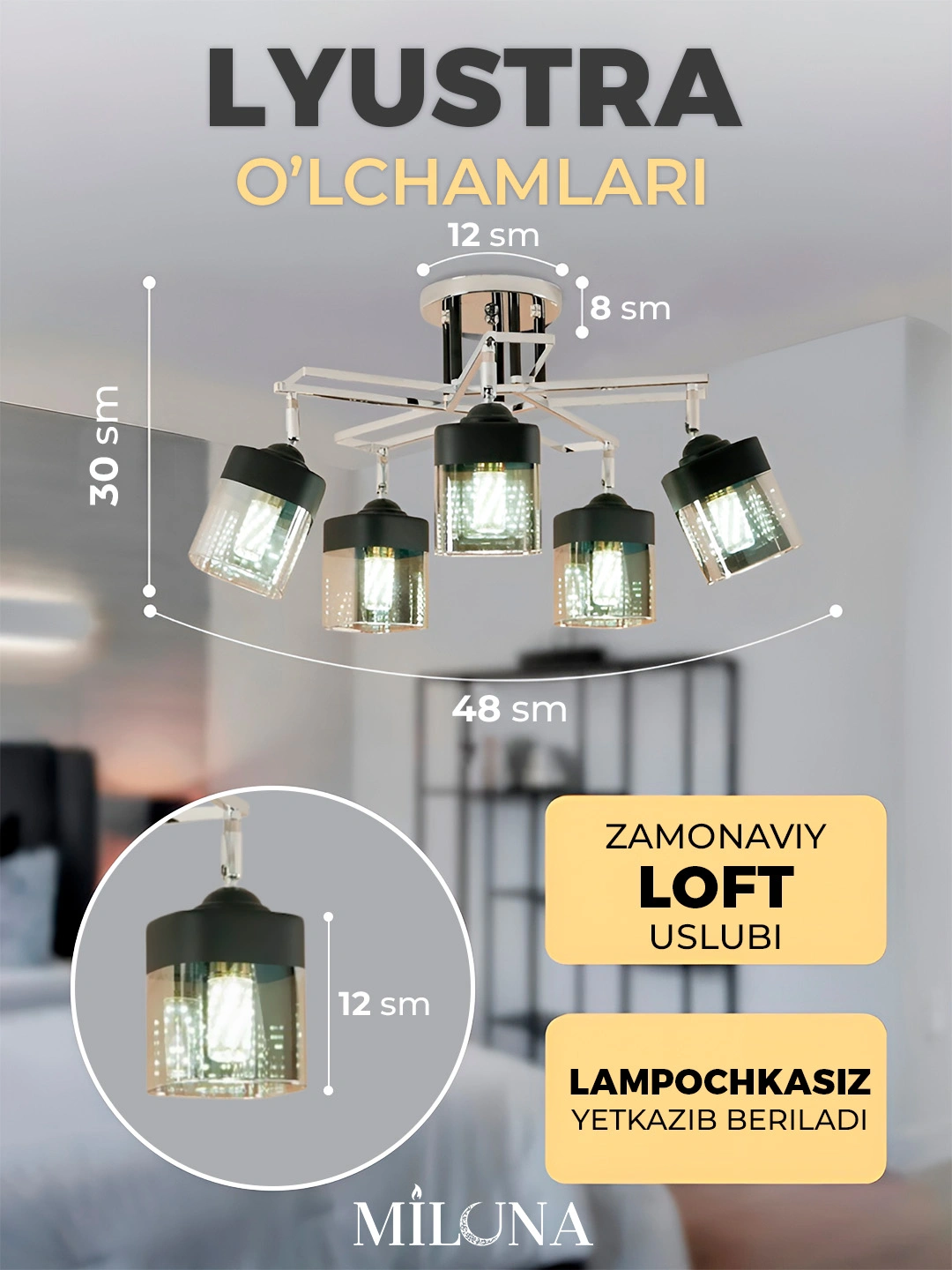 Lyustra buriluvchi plafonli, 3 xil o‘lchamda, oshxona va yotoqxona uchun, E27 patronli