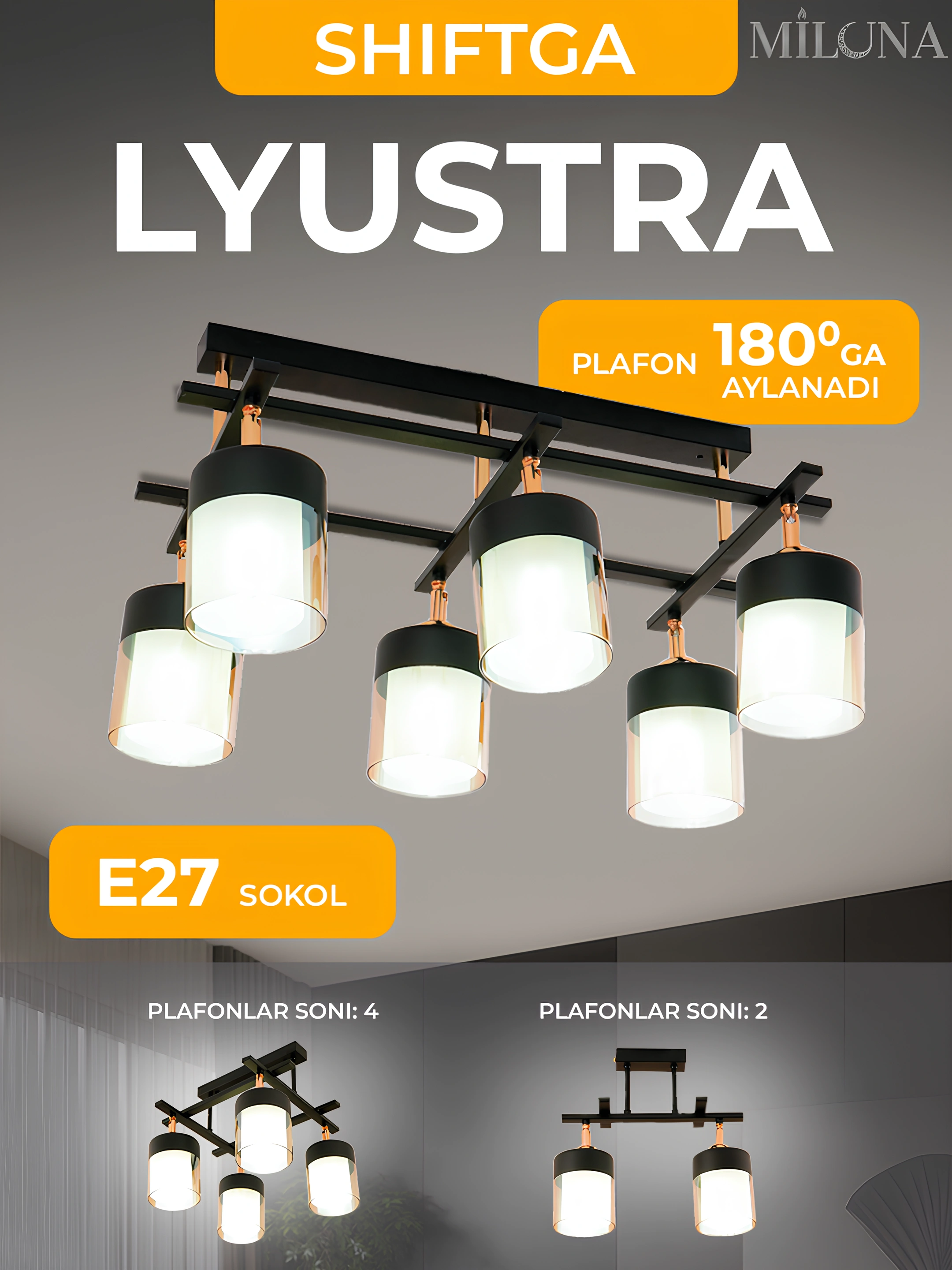 Lyustra buriluvchi plafonli, 3 xil o‘lchamda, oshxona va yotoqxona uchun, E27 patronli