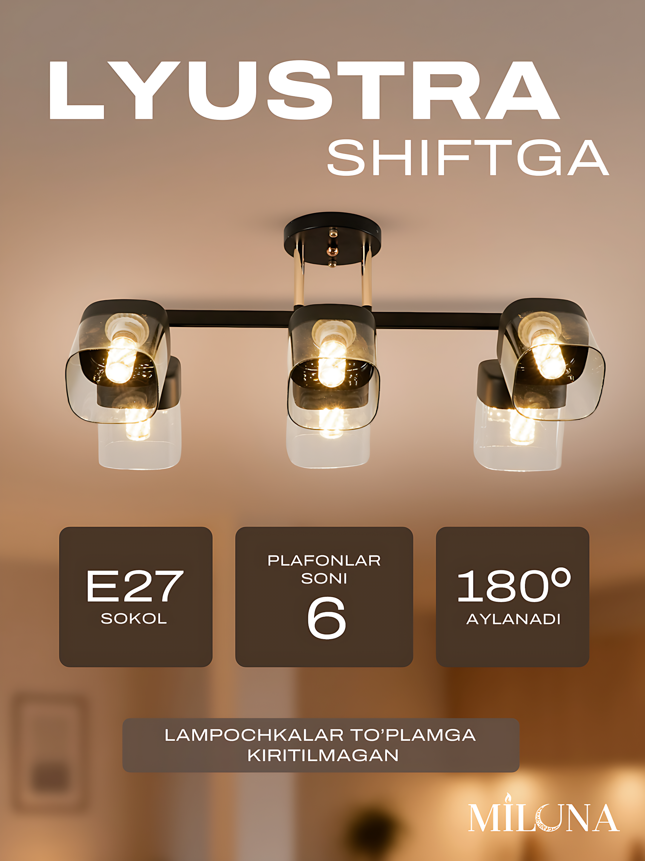 Lyustra buriluvchi plafonli, 3 xil o‘lchamda, oshxona va yotoqxona uchun, E27 patronli