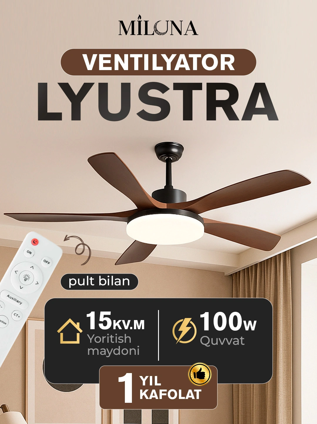 Qandil-ventilyator LED yoritgichli, pultli boshqaruv, 6 ta aylanish rejimli, eni 130 sm