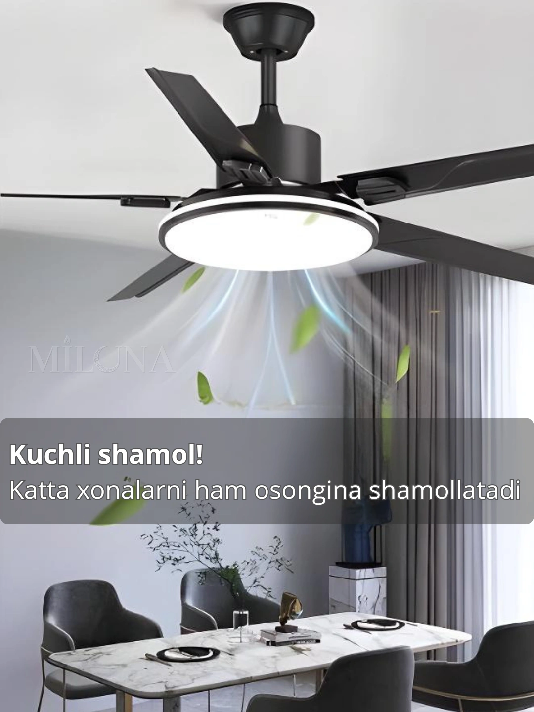  LED ventilyatorli qandil, pultli, 3 ta yoritish rejimi, 3 ta aylanish rejimi, barcha xonalar uchun