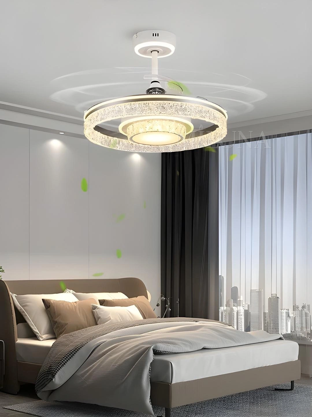 LED ventilyatorli qandil, pulti, 3 yorug'lik rejimi, 6 aylanish rejimi, barcha xonalar uchun 