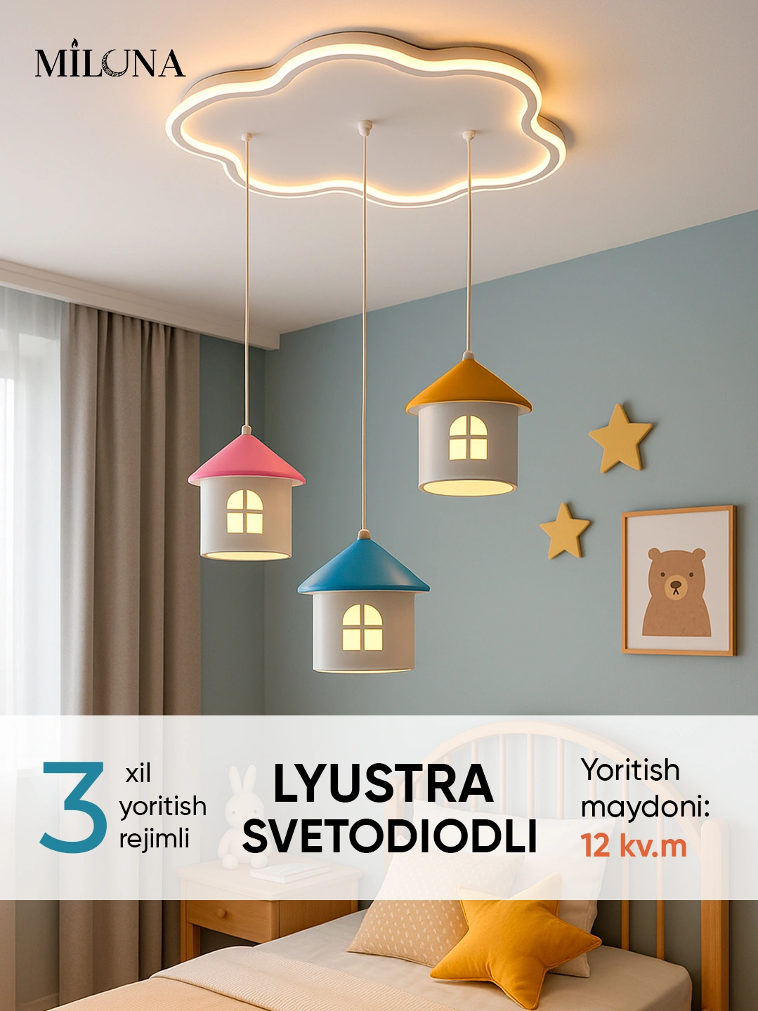 LED lyustra, 3 xil yoritish rejimi, balandligini sozlash imkoniyati, bolalar xonasi uchun