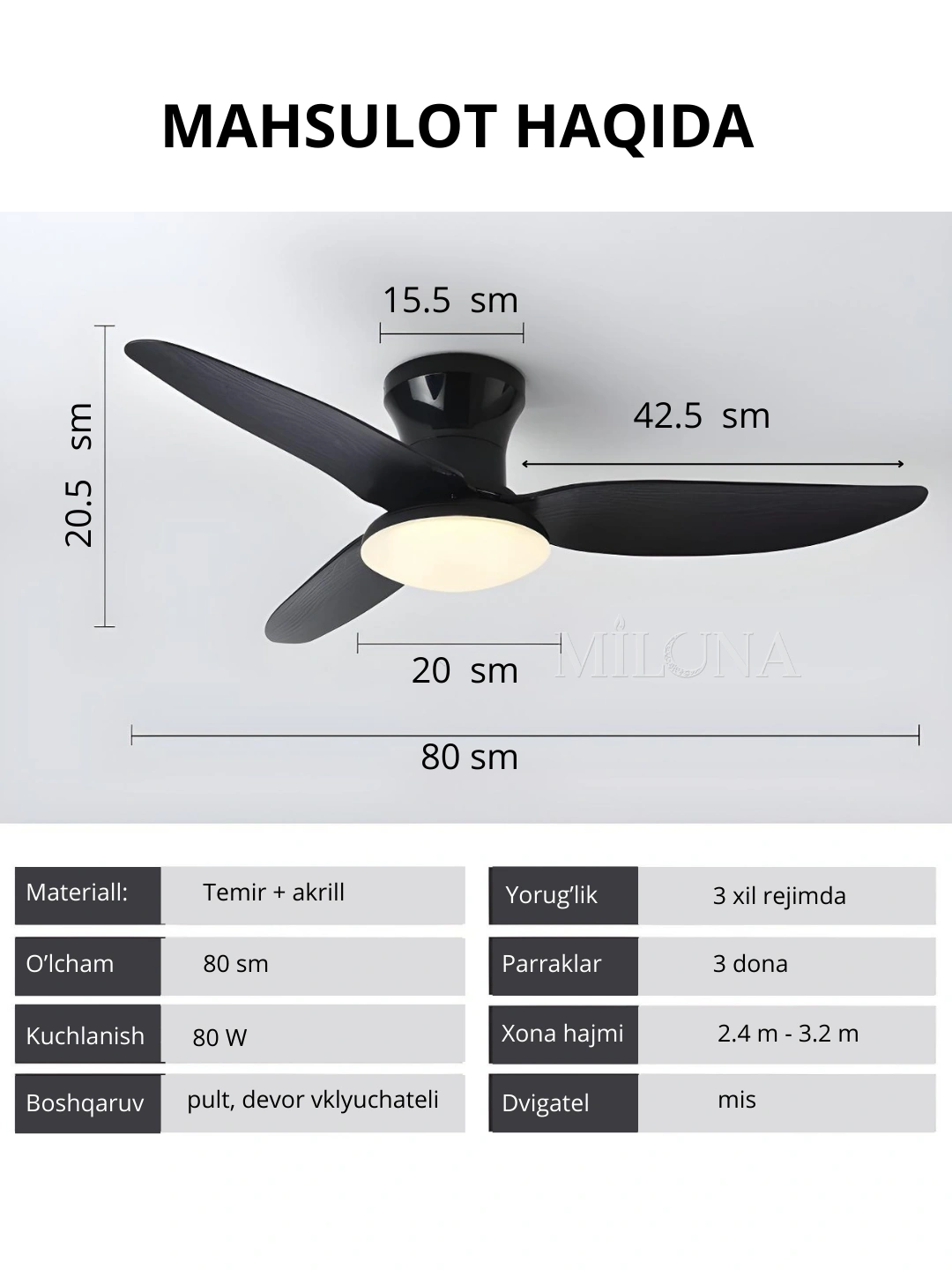 Lyustra-ventilyator ,led, 3xil yoritish,6xil shamollatish rejimli,barcha xona uchun qandil
