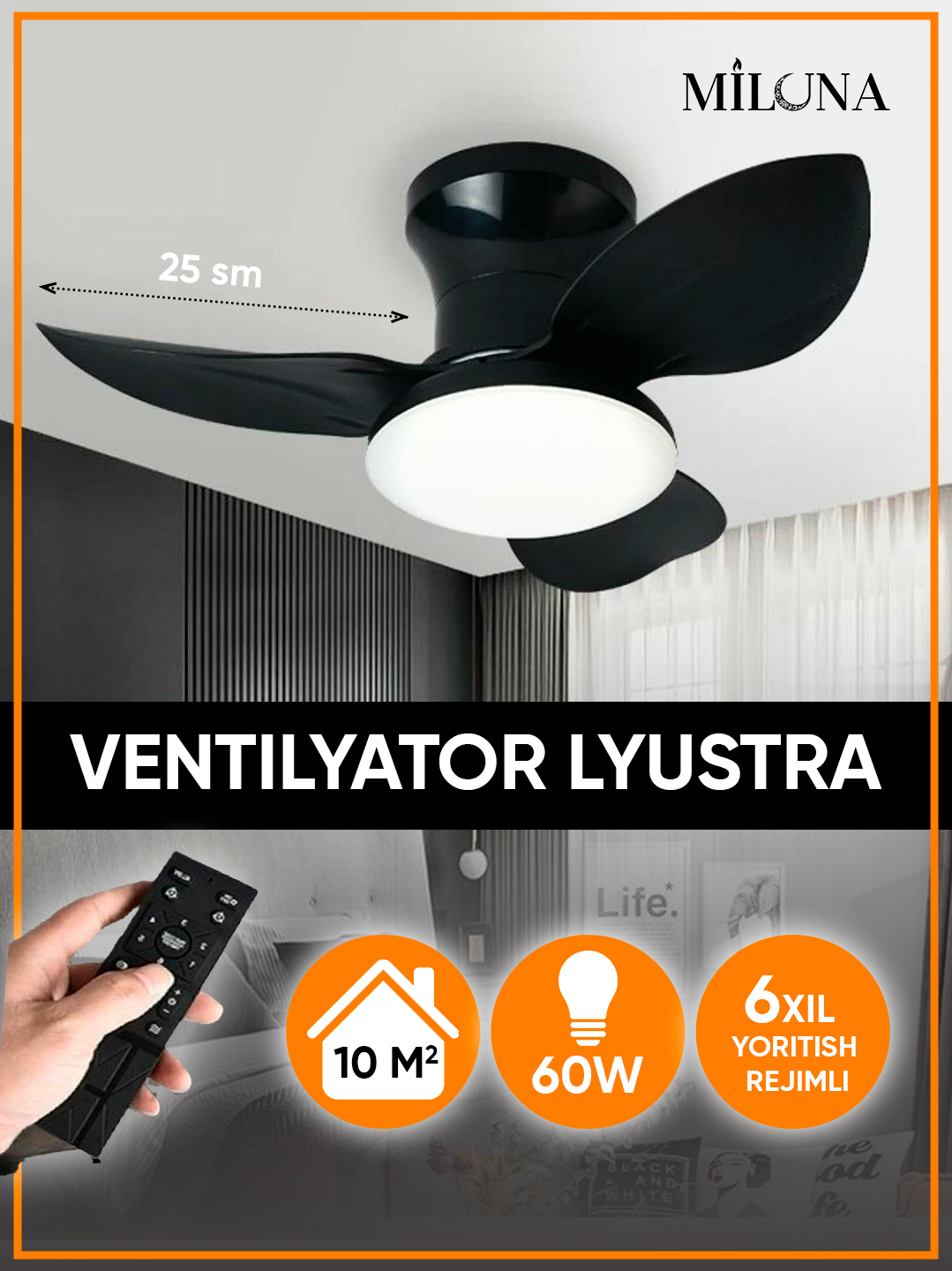 Lyustra-ventilyator ,led, 3xil yoritish,6xil shamollatish rejimli,barcha xona uchun qandil