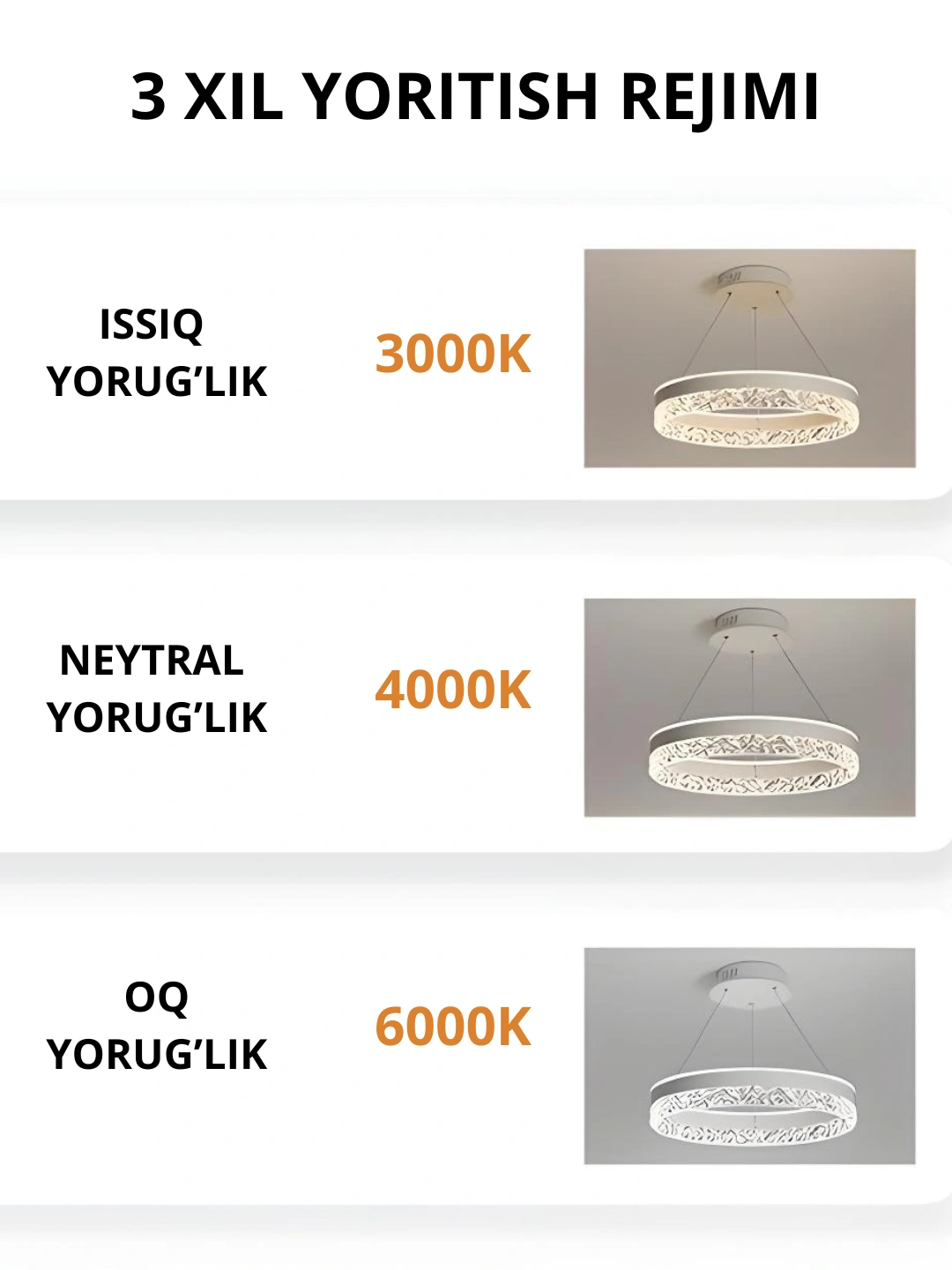 LED lyustra, svetodiodli, 3xil yoritish rejimli, 2 xil rangda, zal, ofis, oshxona uchun qandil