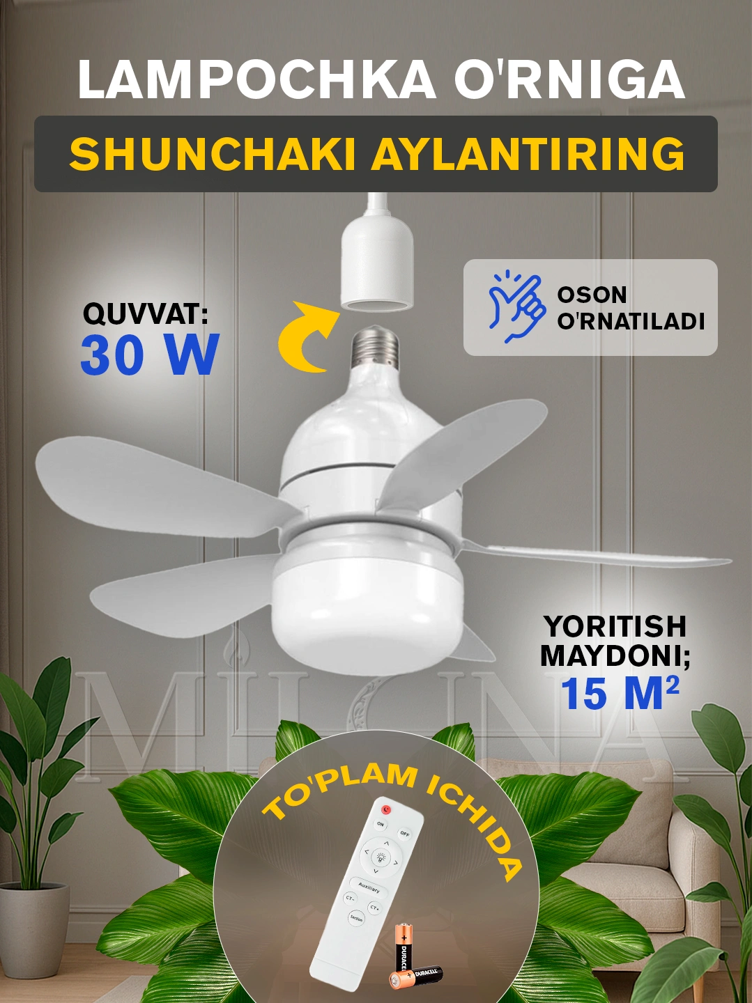 LED ventilyatorli qandil, pultli, 3 ta yoritish rejimi, 4 ta aylanish rejimi, barcha xonalar uchun
