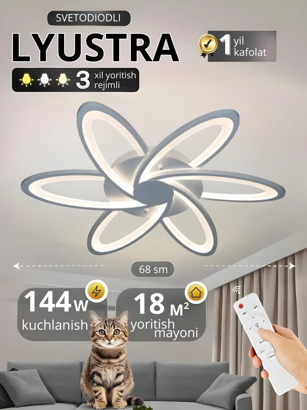 Qandil LED, pultli, 3 xil yoritish, oshxona, bolalar xonasi,zal,ofis,karidor uchun lyustra