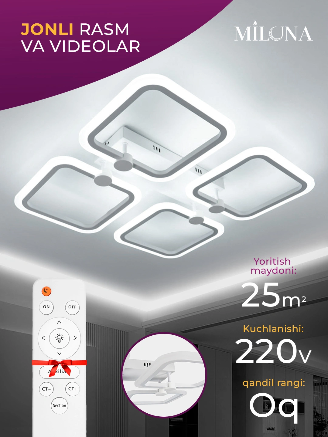 Lyustra LED qandil, pultli, 3 xil yoritish rejimli, yotoqxona, bolalar xonasi uchun svet