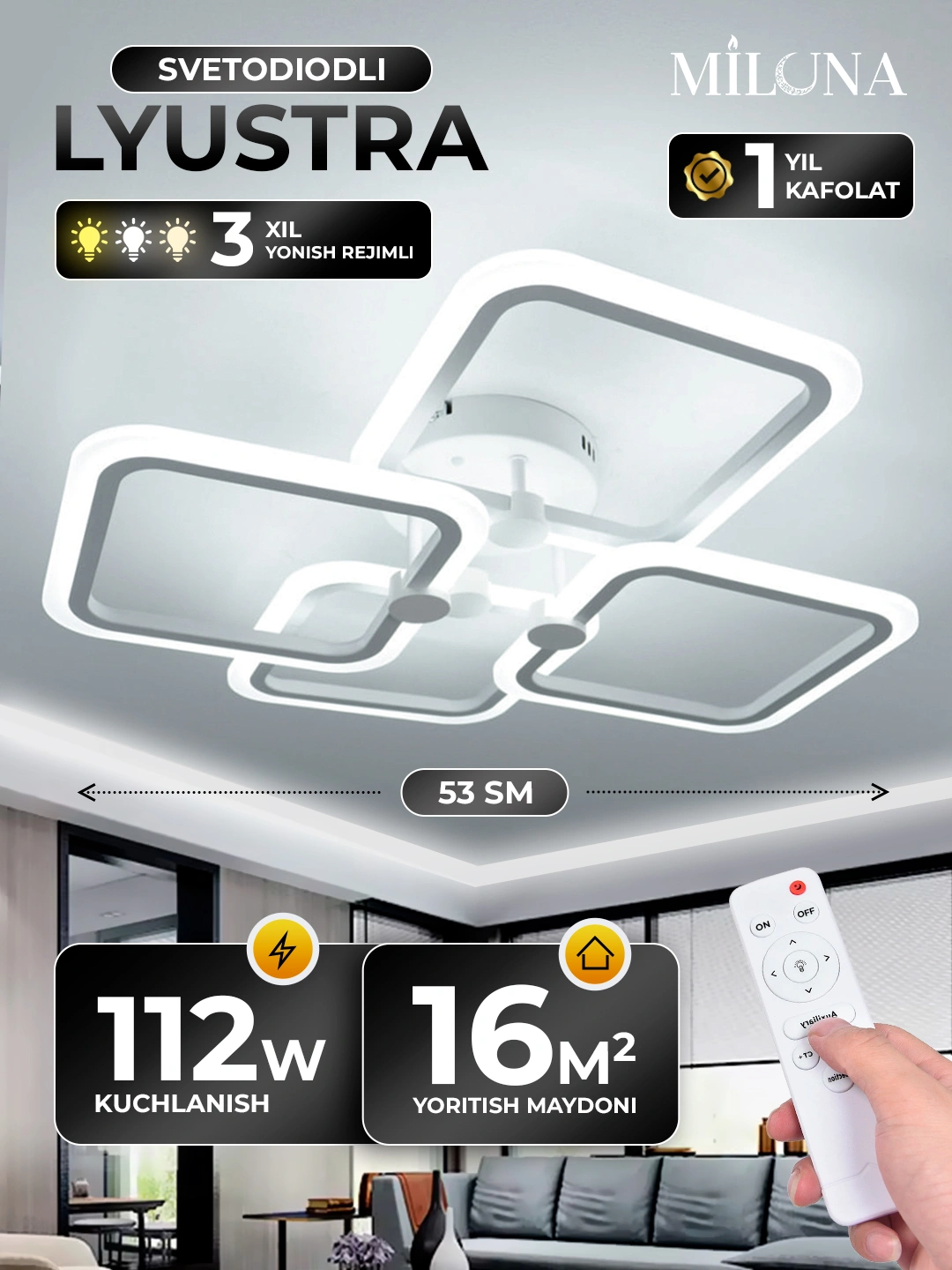 Lyustra LED qandil, pultli, 3 xil yoritish rejimli, yotoqxona, bolalar xonasi uchun svet