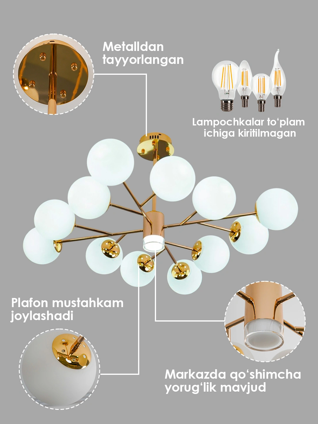 Lyustra metall korpusli, 2 ta rang, yotoqxona, oshxona, zal uchun qandil
