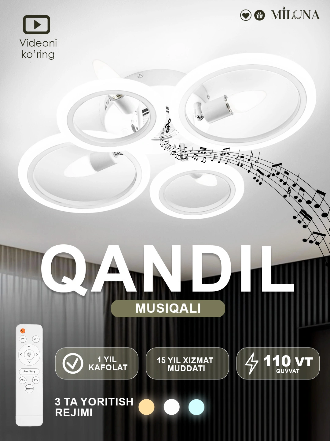 LED qandil, musiqali, pultli, 3 xil yoritish rejimi, yotoqxona, zal, oshxona uchun