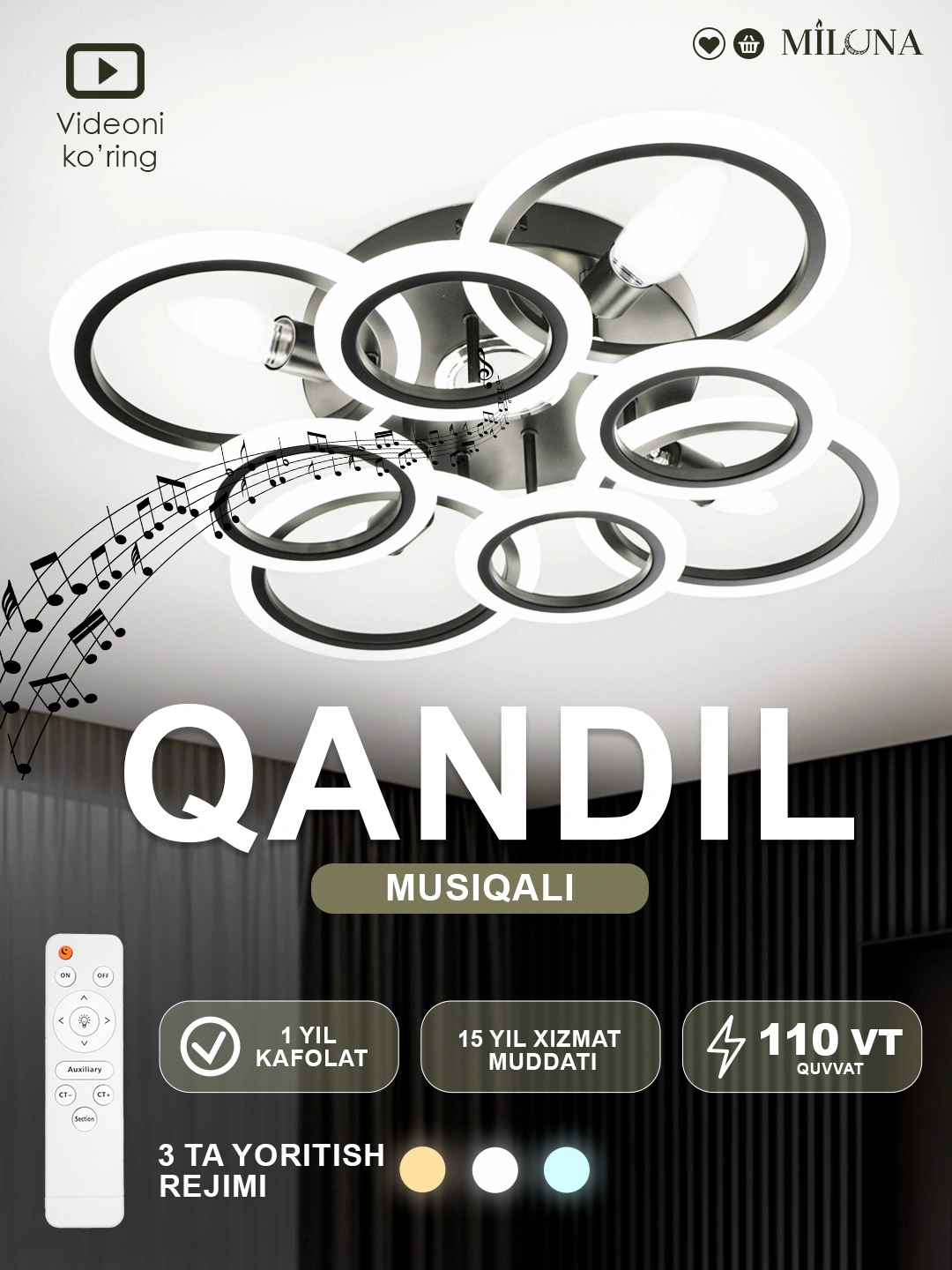 LED qandil, musiqali, pultli, 3 xil yoritish rejimi, yotoqxona, zal, oshxona uchun