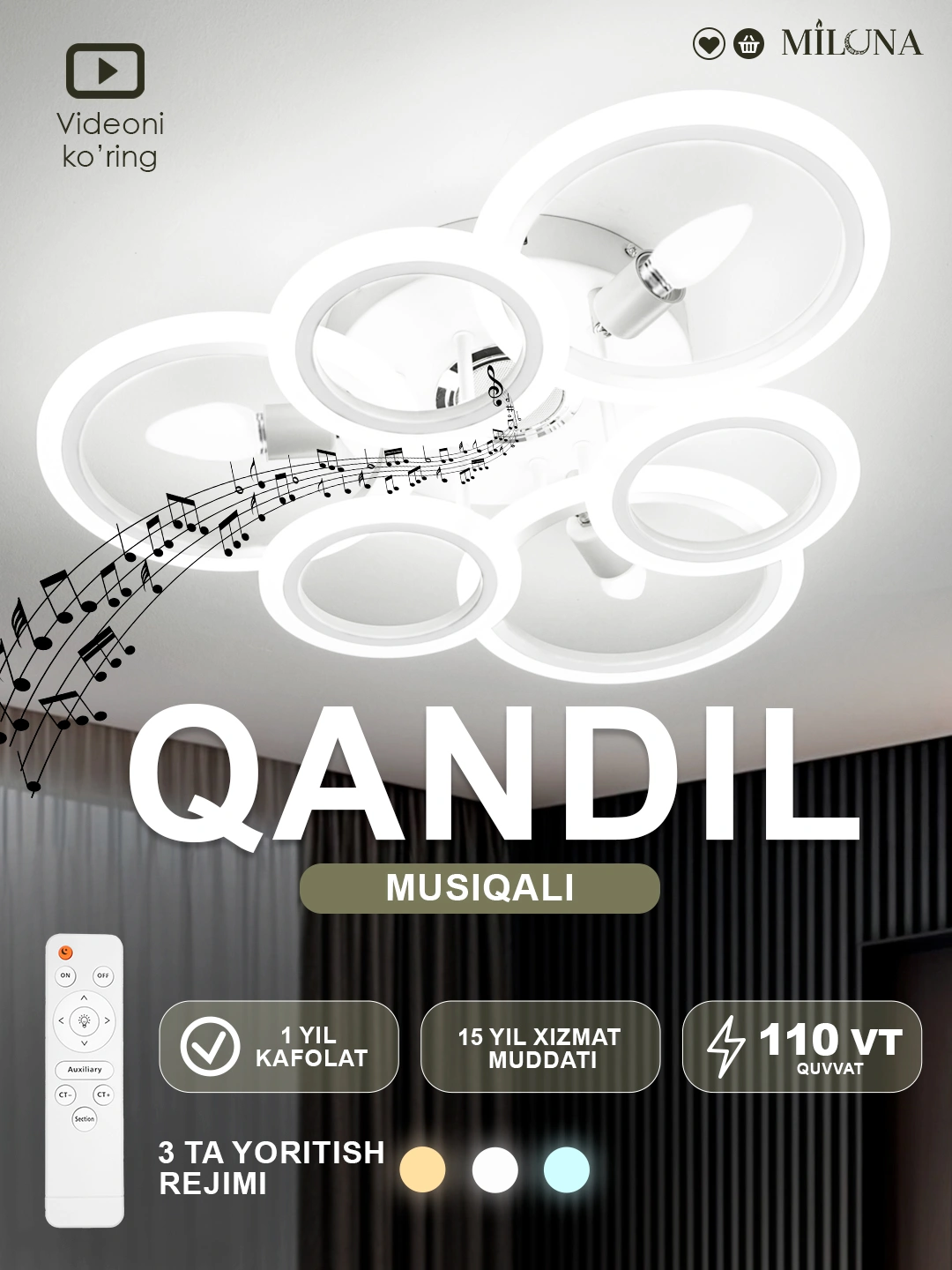 LED qandil, musiqali, pultli, 3 xil yoritish rejimi, yotoqxona, zal, oshxona uchun