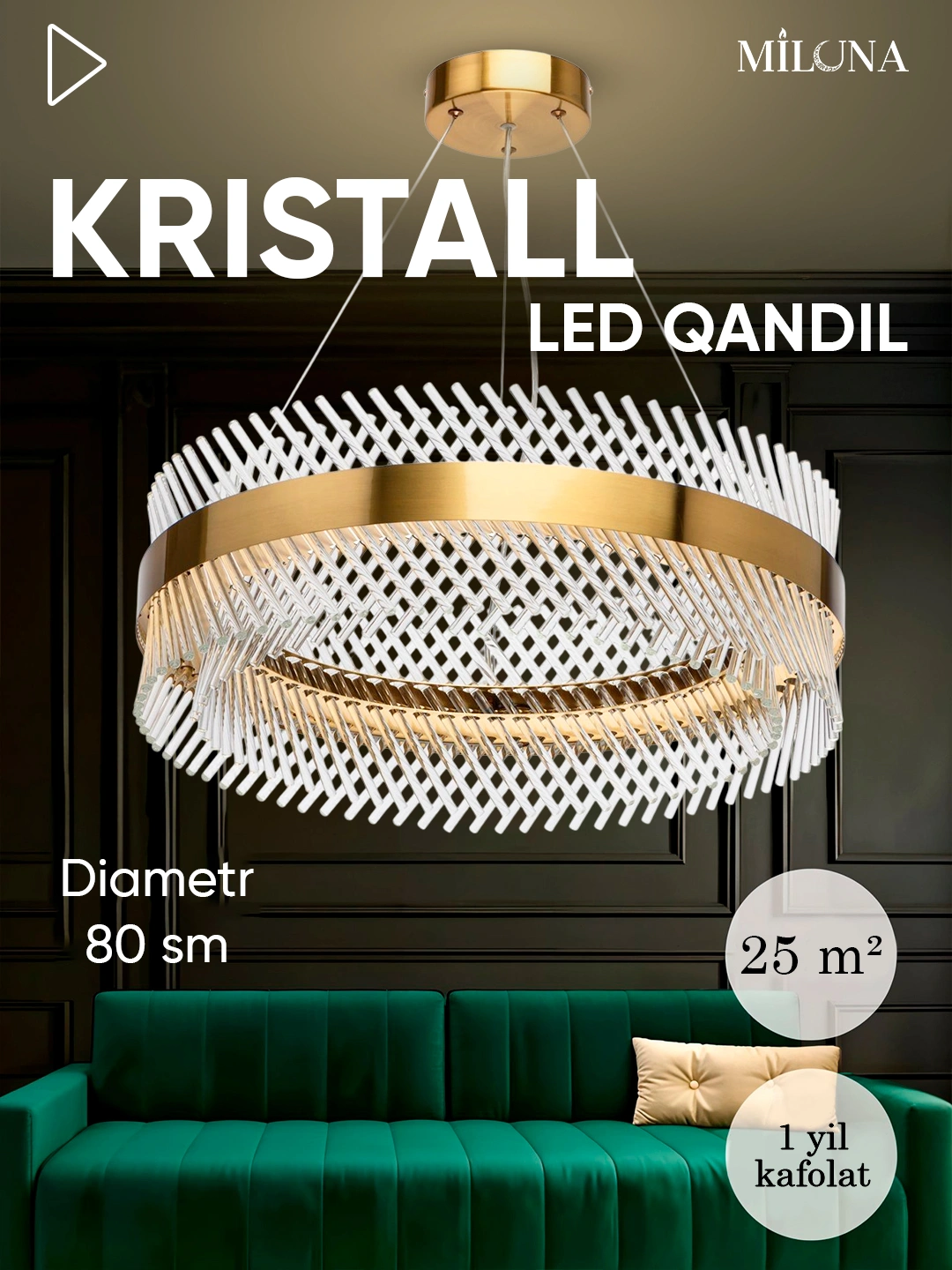 Qandil LED, kristalli, dumaloq va oval, balandligi sozlanadigan