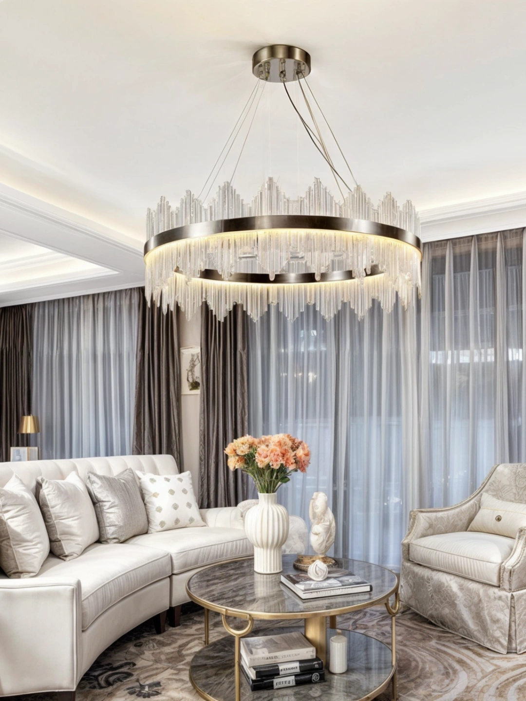 Qandil LED, kristalli, dumaloq va oval, balandligi sozlanadigan