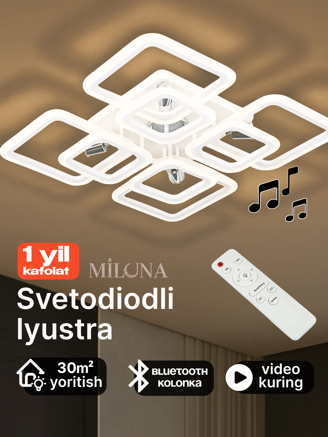 Qandil LED, musiqali, pultli boshqaruv, 3 yorug'lik rejimi, uy va ofis uchun lyustra