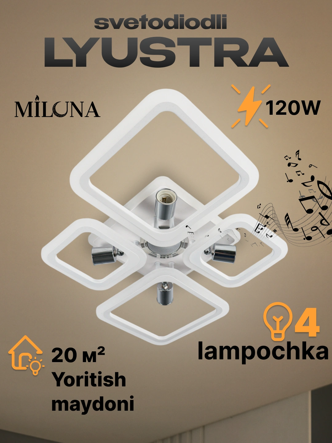 Qandil LED, musiqali, pultli boshqaruv, 3 yorug'lik rejimi, uy va ofis uchun lyustra