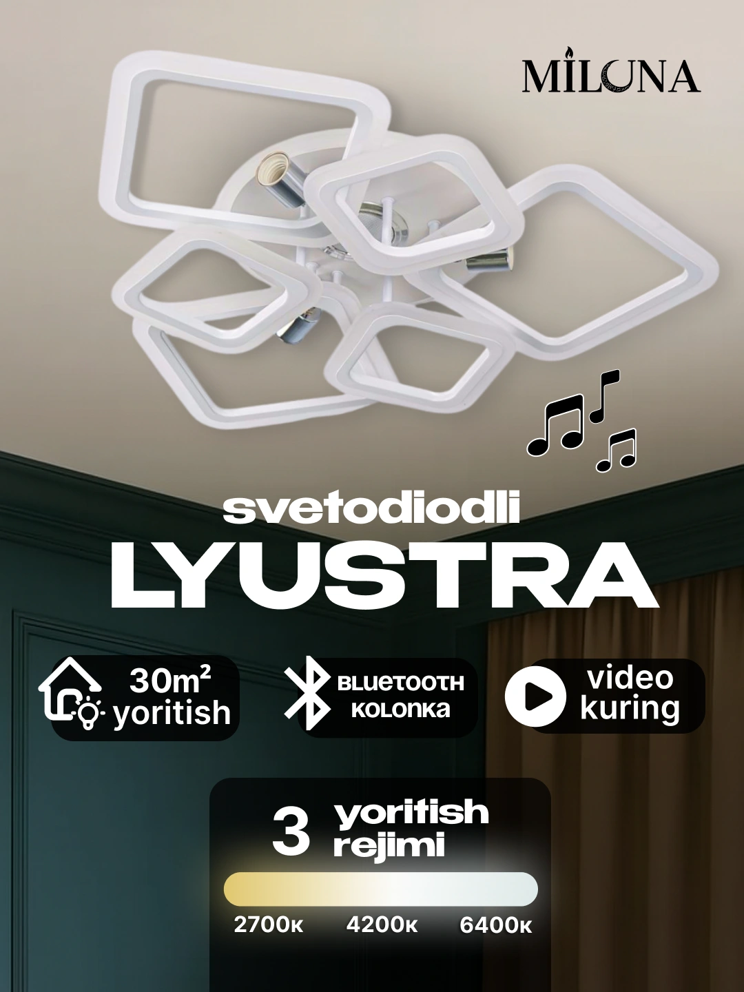 Qandil LED, musiqali, pultli boshqaruv, 3 yorug'lik rejimi, uy va ofis uchun lyustra