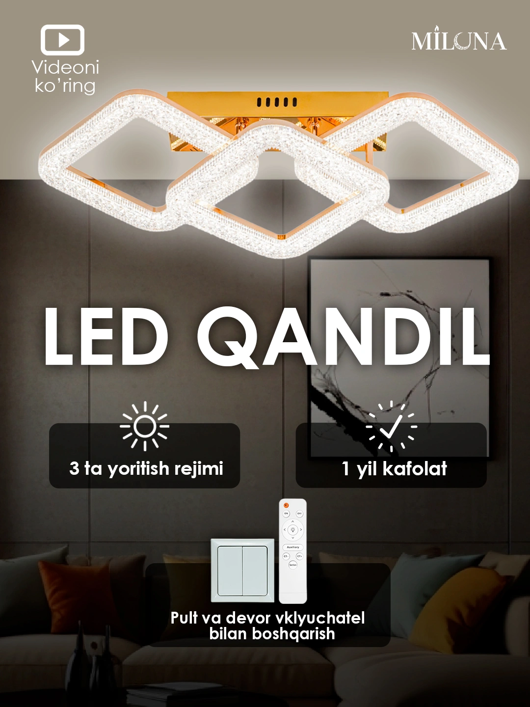 Qandil svetodiodli, dumaloq, kvadrat, kristallar va pulti bilan