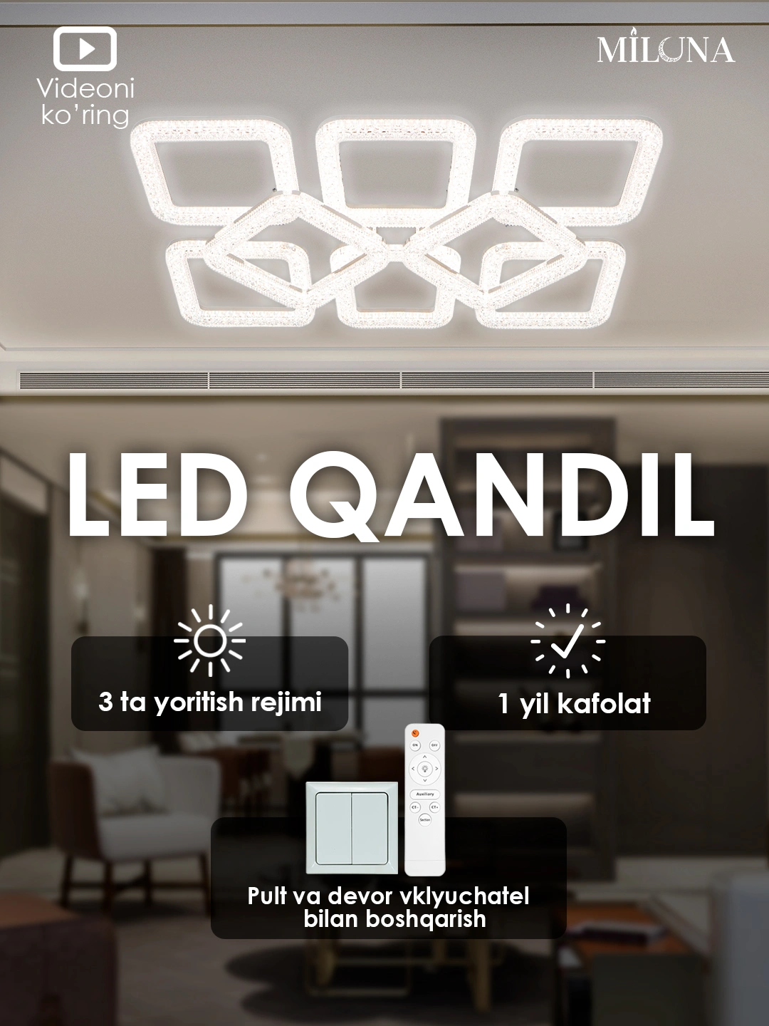 Qandil svetodiodli, dumaloq, kvadrat, kristallar va pulti bilan