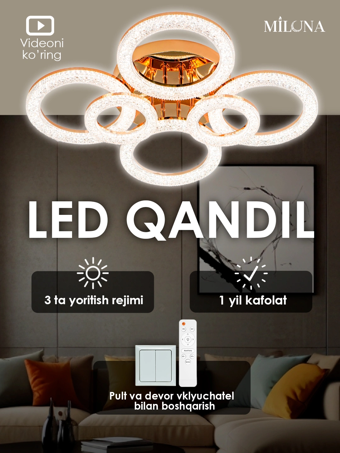 Qandil svetodiodli, dumaloq, kvadrat, kristallar va pulti bilan