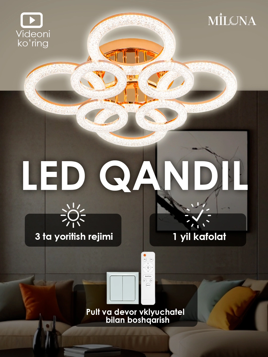 Qandil svetodiodli, dumaloq, kvadrat, kristallar va pulti bilan