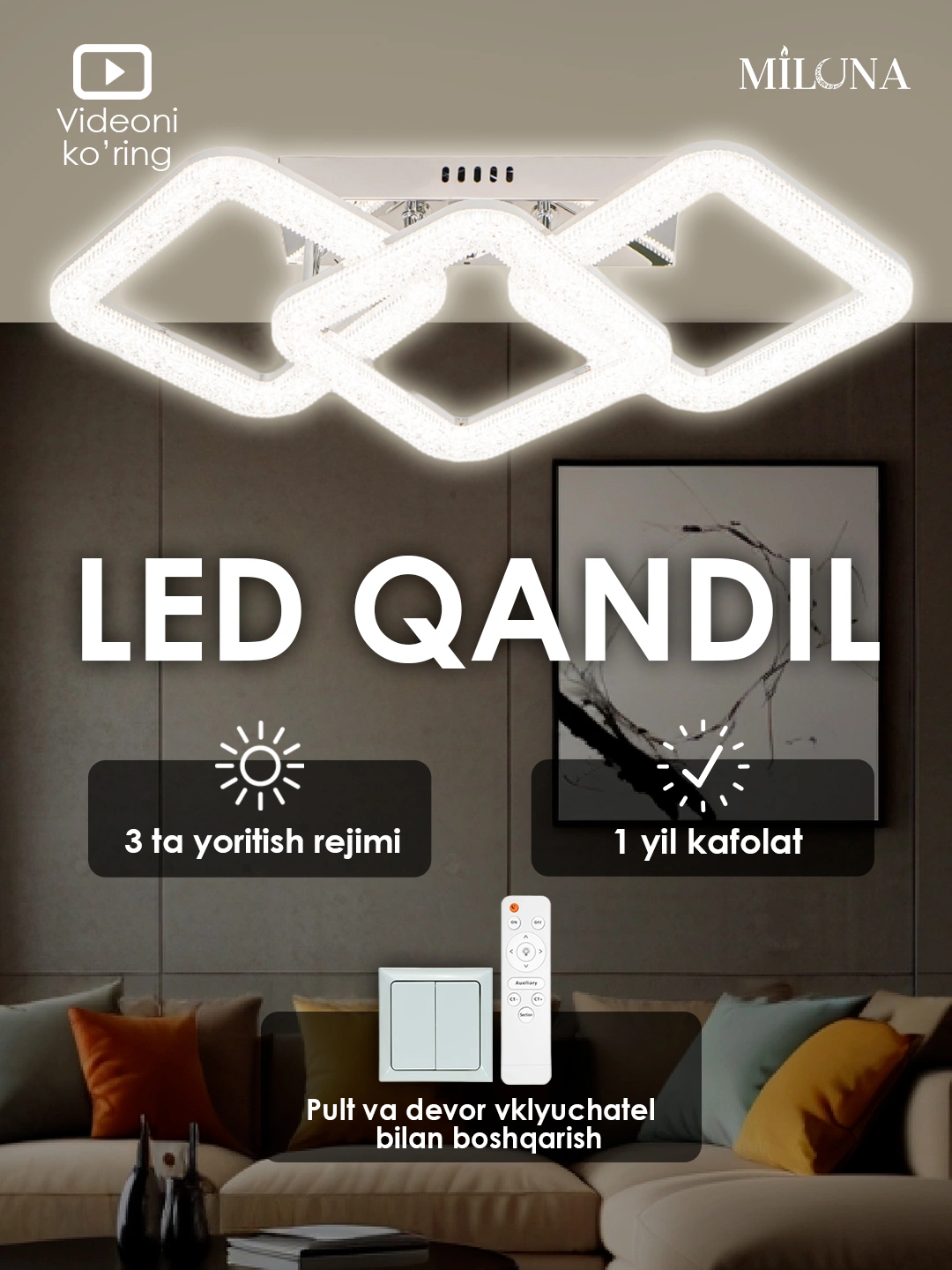 Qandil svetodiodli, dumaloq, kvadrat, kristallar va pulti bilan