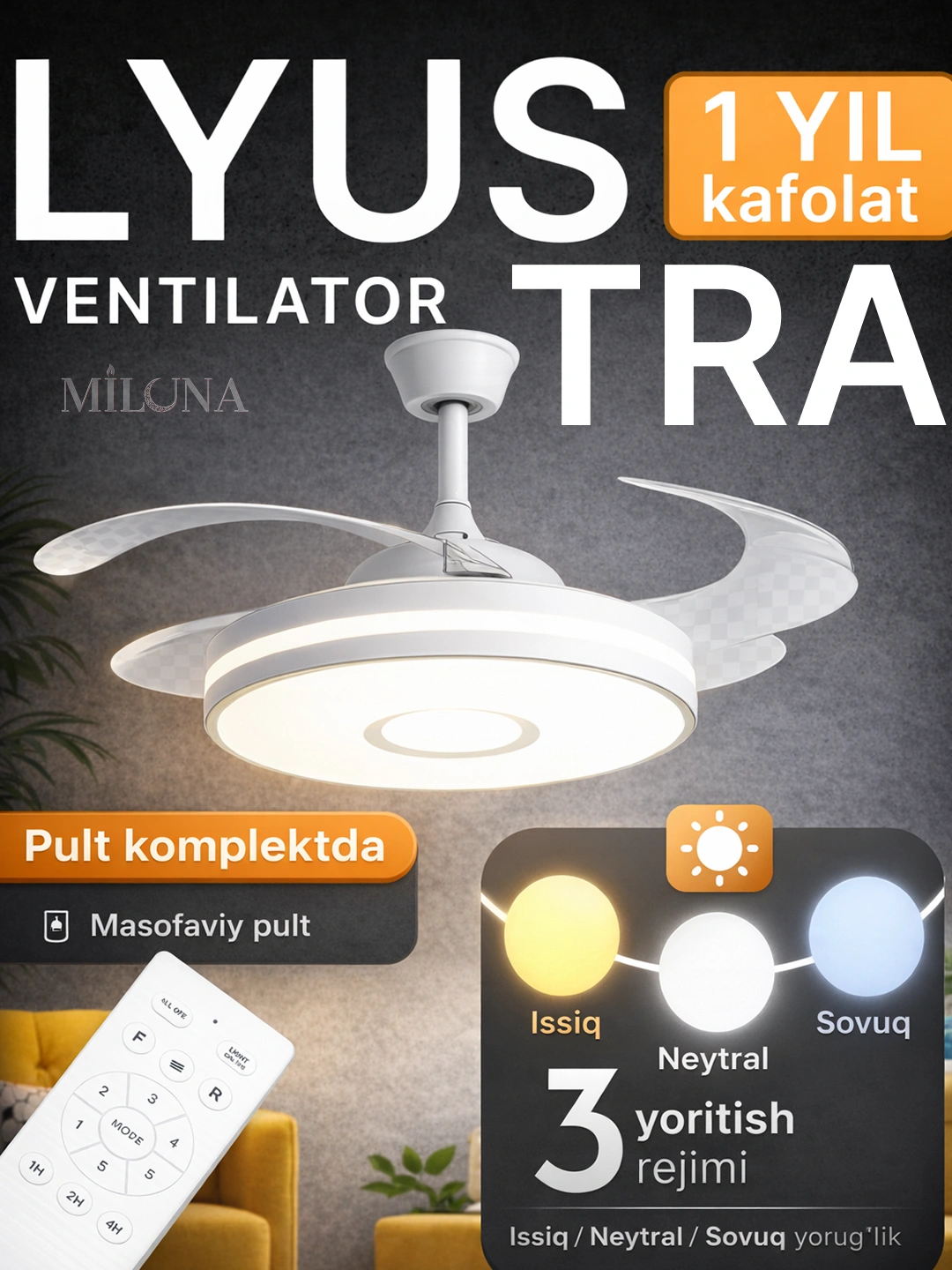 Pultli LED shamollatgich qandil, shift, 3 ta yoritish rejimi, 6 ta aylanish rejimi