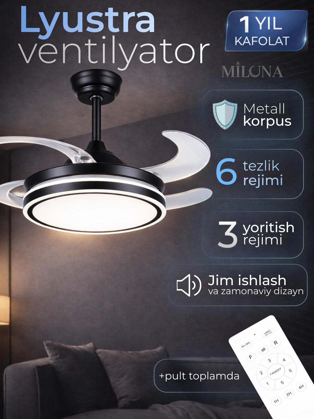 Pultli LED shamollatgich qandil, shift, 3 ta yoritish rejimi, 6 ta aylanish rejimi