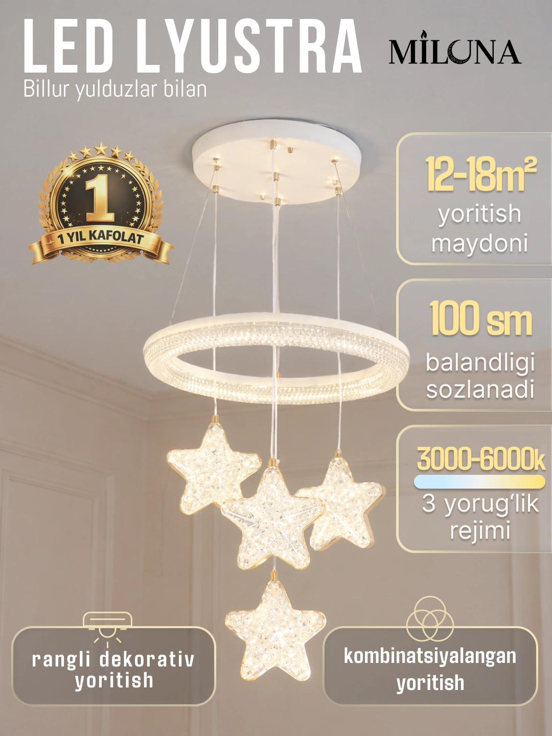 Lyustra svetodiodli billur, LED, 8 xil, bolalar xonasi, yotoqxona uchun qandilar