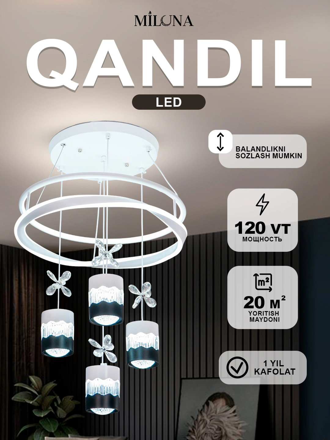 Lyustra svetodiodli billur, LED, 8 xil, bolalar xonasi, yotoqxona uchun qandilar