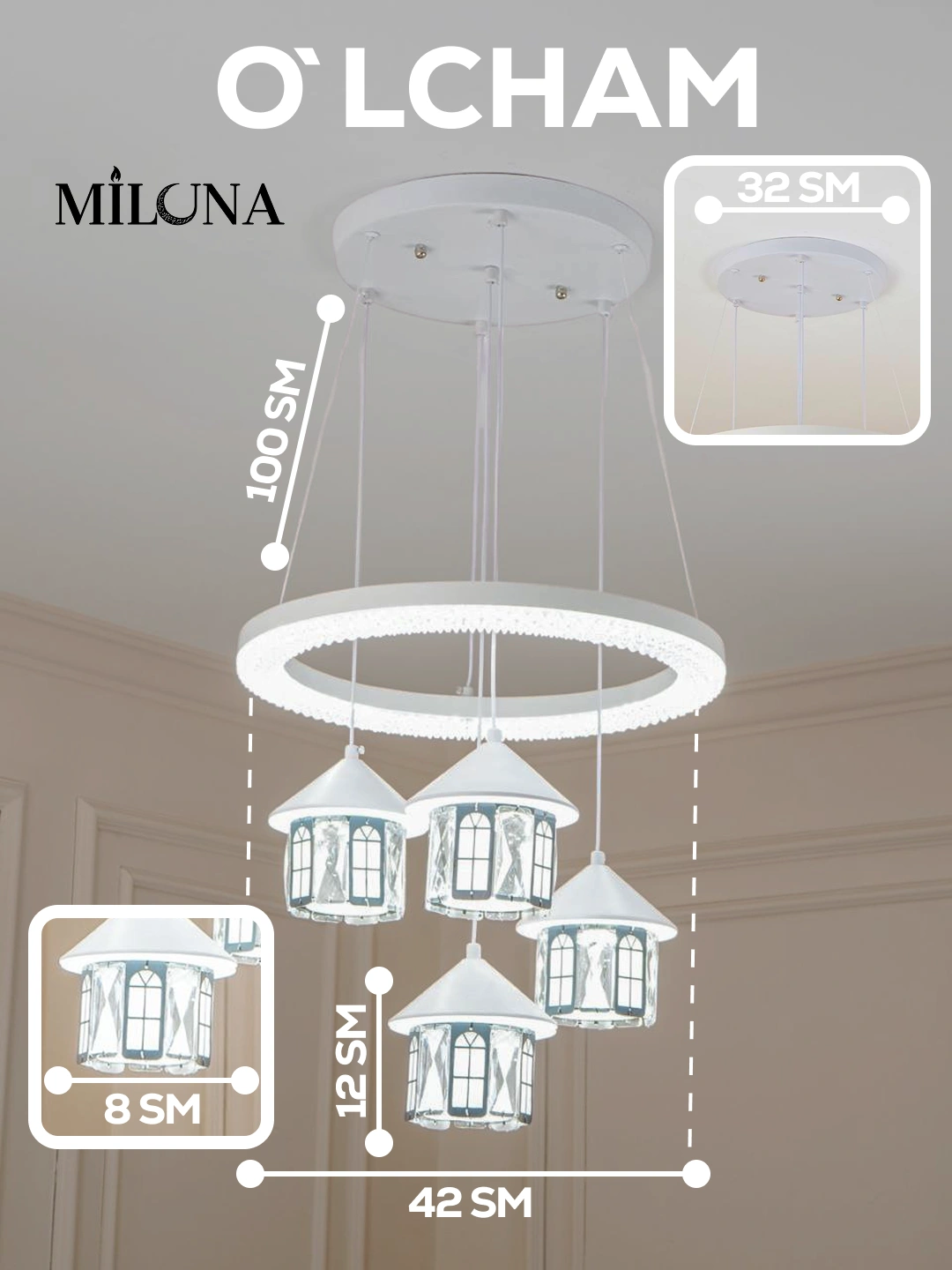 Lyustra svetodiodli billur, LED, 8 xil, bolalar xonasi, yotoqxona uchun qandilar