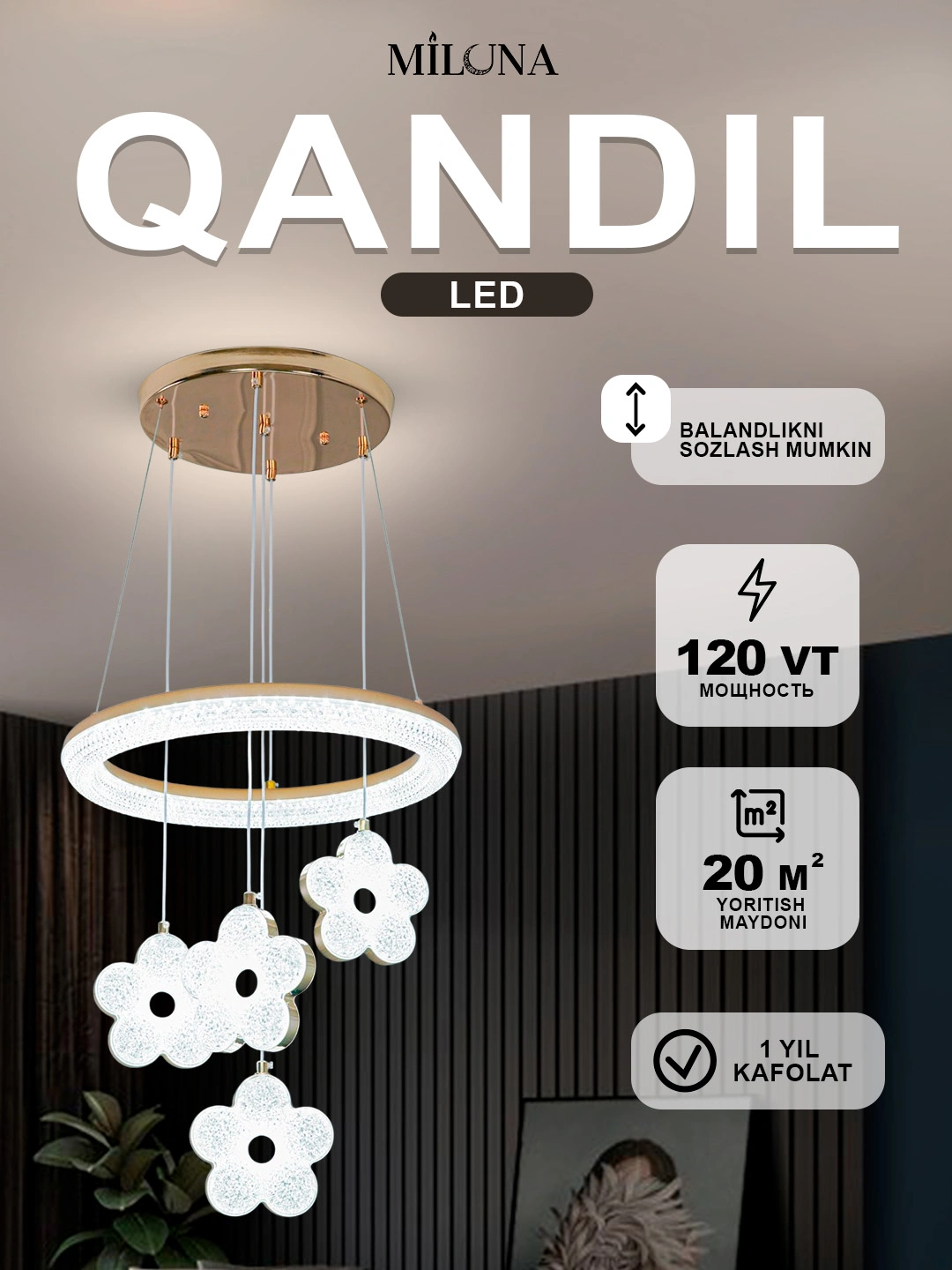 Lyustra svetodiodli billur, LED, 8 xil, bolalar xonasi, yotoqxona uchun qandilar