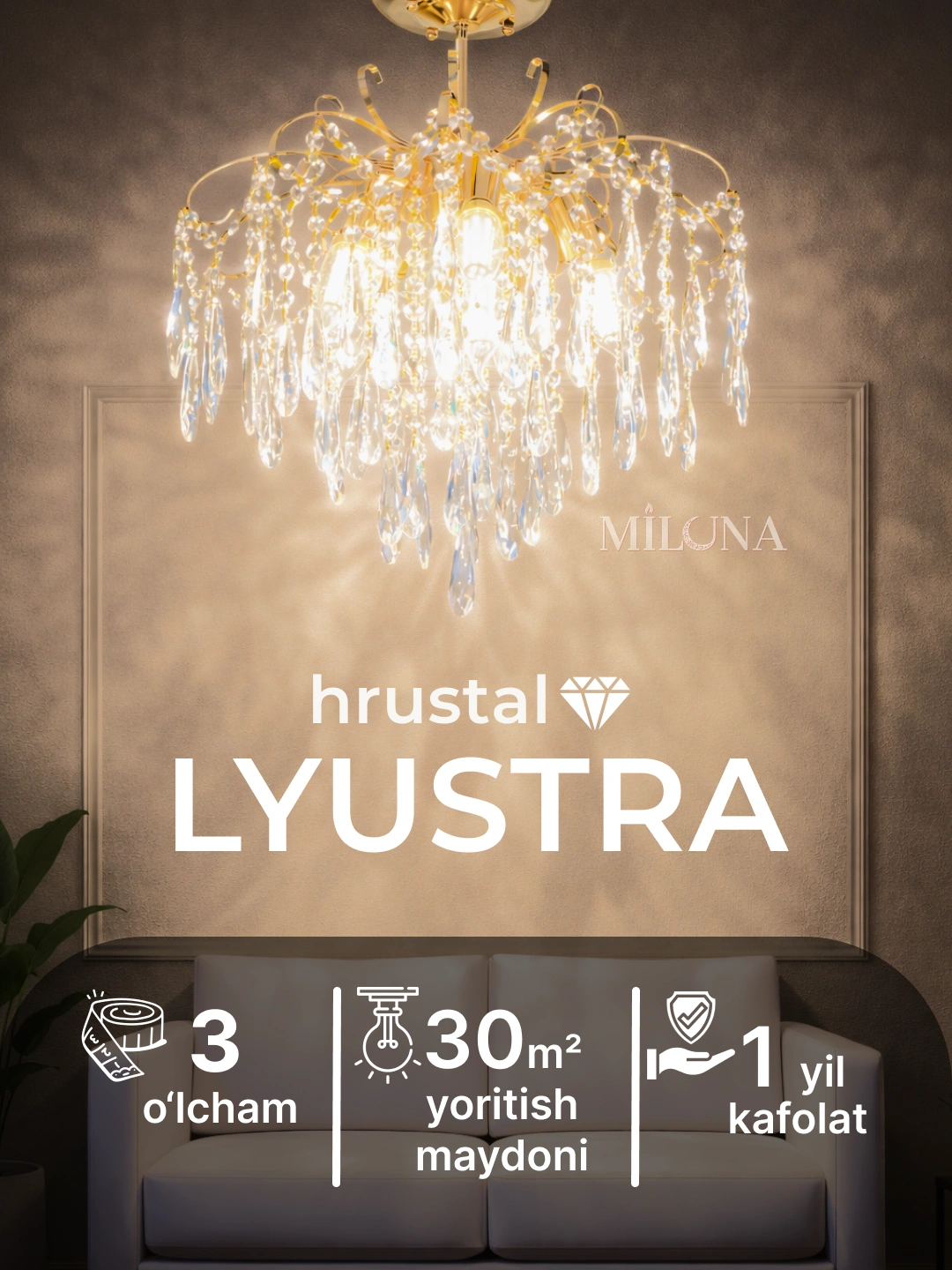 Xrustal qandil, shift, 3 o‘lcham, 5 xil rang, yotoqxona, mehmonxona, dahliz, oshxonaga