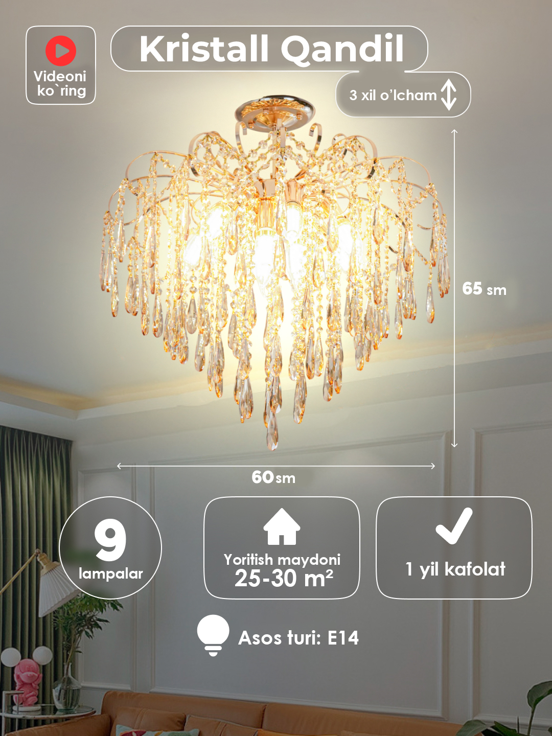 Xrustal qandil, shift, 3 o‘lcham, 5 xil rang, yotoqxona, mehmonxona, dahliz, oshxonaga