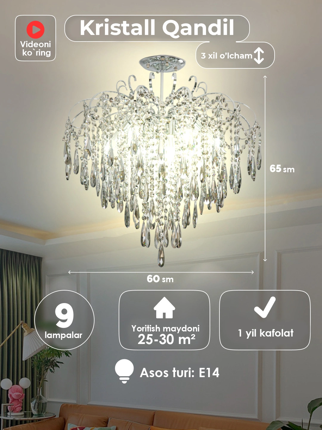 Xrustal qandil, shift, 3 o‘lcham, 5 xil rang, yotoqxona, mehmonxona, dahliz, oshxonaga