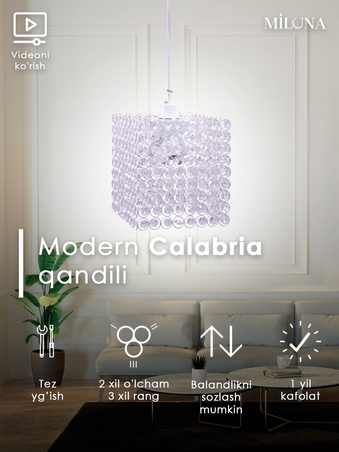 Qandil kristalli, 2 xil shaklida, to'rtburchaklar, yarim doira, balandiligi sozlanadi